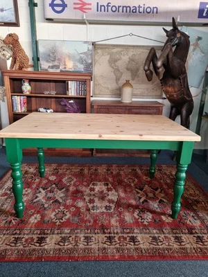 Farmhouse Scrub Top Pine Dining Table With Green Painted Legs - Image 1 of 4