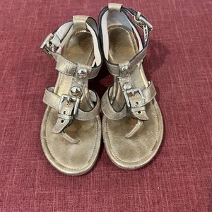 Coach Women’s Viktoria Size 7.5M Gold Leather Low Wedge T-Strap Sandals EUC - Picture 1 of 9