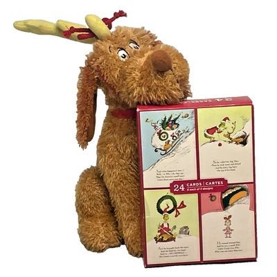Caja de tarjetas de Navidad Grinch (16 quilates) + Juego de vacaciones Max Dog Dr. Seuss de 12" de peluche  Foto 1 de 4