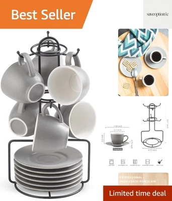 Juego de 6 tazas de café espresso grises hechas a mano - Caja fuerte para microondas con soporte de exhibición de metal Foto 1 de 4