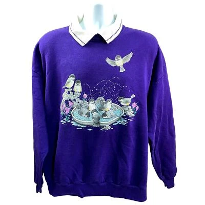 Vintage MORNING SUN Sweatshirt Women 2XL Purple  90’s Birds in bird bath - Image 1 of 4