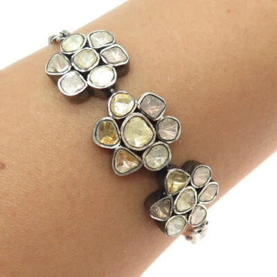 Brazalete de eslabones cubanos con flores de diamantes talla rosa real de plata de ley 925 6-7,25" Foto 1 de 4
