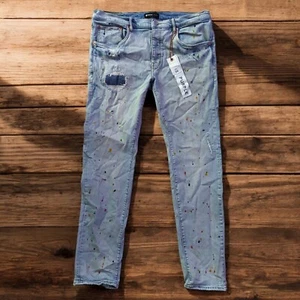 Purple Brand Jeans Men 38 Blue Paint Splatter Slim Fit P001 Ripped 38X32 NEW - Picture 1 of 11