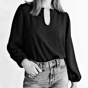 J Crew Black Blouse Shirt Womens LT Large TALL Puff Sleeve Crepe Top Workwear - Picture 1 of 8