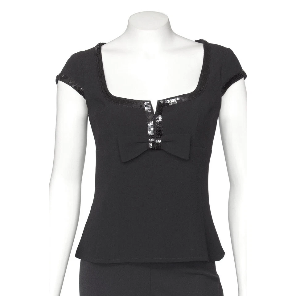 Nanette Lepore Black Tailored Cap Sleeve Top Blouse Shirt w/ Sequin Trim sz M - Image 1 of 4