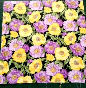 Fabric Hoffman 9-1/2" Square Purple & Yellow Zinnias on Black Background $2.25 - Picture 1 of 1