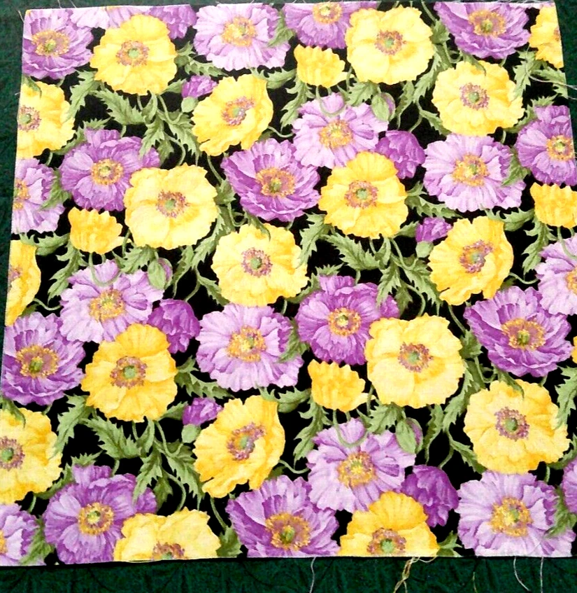 Fabric Hoffman 9-1/2" Square Purple & Yellow Zinnias on Black Background $2.25 - Image 1 of 1