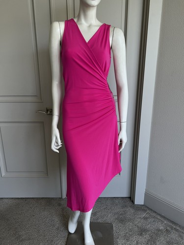 Abito donna Michael Kors rosa caldo manica a tubino zip scollo a V midi tubino taglia S nuovo con etichette