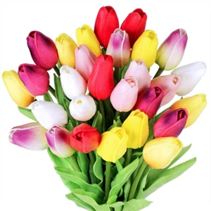 28 Pcs Multicolor Tulips Artificial Flowers Faux Tulip Stems Real Feel PU Tulips - Picture 1 of 12