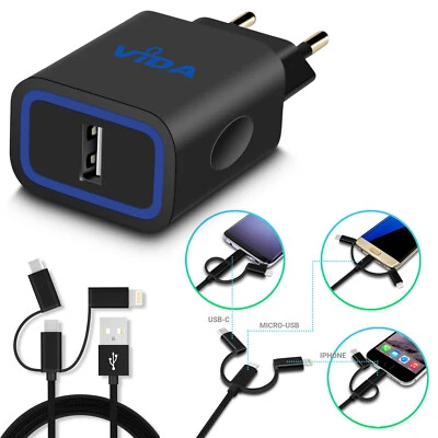 USB Caricatore Muro Carica Parete e MicroUSB iPhone Android Type-C Cavo - Immagine 1 di 4