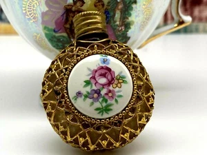 Antique Small Gold Metal Cased Porcelain Floral Scent Chatelaine Perfume Bottle - Picture 1 of 12