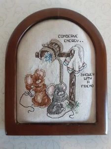 Completed Cross Stitch Framed Mice Conserve Energy Shower with a Friend 10 x 12 - Picture 1 of 4
