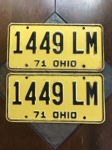 VINTAGE PAIR OF OHIO LICENSE PLATES MATCHING PAIR #1449 LM OH 71 Yellow Plates - Picture 1 of 8