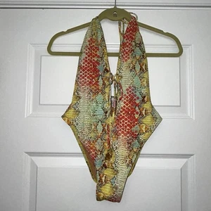 Luli Fama Smoke Show High Leg Snakeskin Print Halter One Piece Swimsuit Size S - Picture 1 of 11