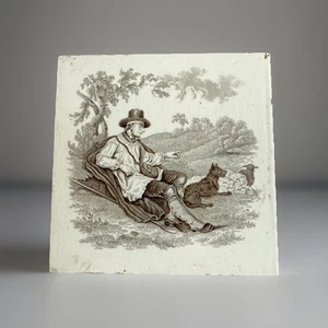 ANTIKES MINTONS FLIESEN TRIVIT, Pastoralserie, Hirte mit Herde & Hund, um 1870 - Bild 1 von 6