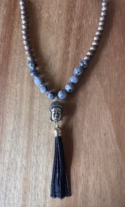 Buddha Necklace Tibetan Blue  Agate Blueish Gray Beads, Brown Beads & Gold Drop - Picture 1 of 6