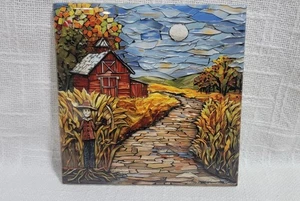 Arte de remache de azulejos de otoño hecho a mano pintado a mano rojo granero maíz campo espantapájaros EE. UU. - Imagen 1 de 6