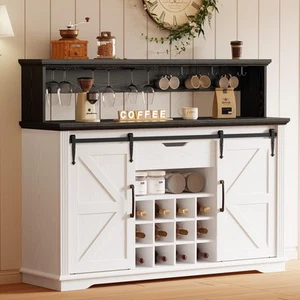 Farmhouse Coffee Bar Cabinet with Sliding Barn Doors and LED Lights, Wine Bar... - Picture 1 of 9