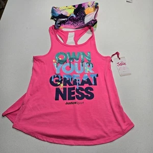 Justice Girls Medium(10) 2Fer Tank Top w/Sports Bra Set "Own Your Greatness" New - Picture 1 of 8