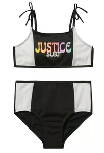Justice Girls Swimsuit Bikini Black Size 12/14 Colorful Logo Rib 2 Piece Set - Picture 1 of 10