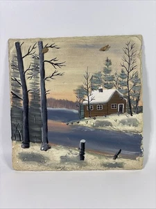 Vintage Hand Painted Winter Cabin Stream Forest Scene Slate Wall Art 9.5”x9.5” - Picture 1 of 10