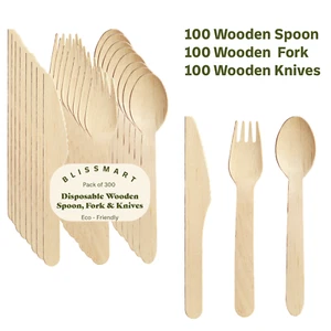 300 Disposable Wooden Cutlery Set Spoons Forks Knives Heavy Duty Cutlery BBQ - Picture 1 of 11