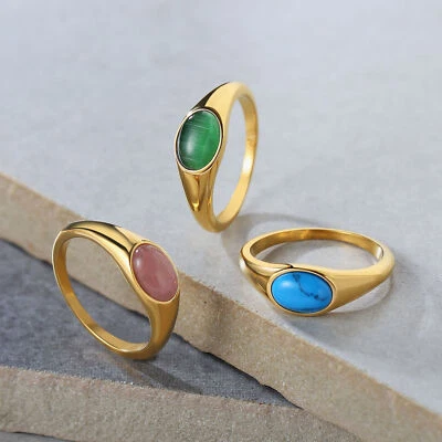 Women Men Girl Stone Ring Gold Plated Stainless Steel Band Wedding Pinky Gift - Image 1 of 4