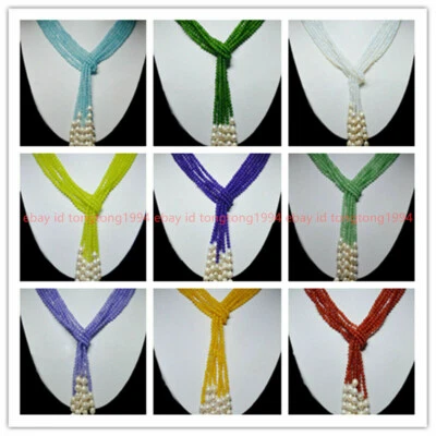 3 Stränge Natürlich 4mm Rund Edelstein & 7-8mm Weiß Perle Schal Halskette 128cm - Bild 1 von 4