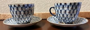 Porcelain Cobalt Net Lomonosov Set Of 2 Tea Cups & Saucers - Picture 1 of 4