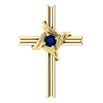 Genuine Blue Sapphire Cross Pendant In 14K Yellow  Gold - Image 1 of 3