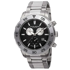 New Men's Akribos XXIV AK669SSB Chronograph Black Dial Stainless Steel Watch - Picture 1 of 7