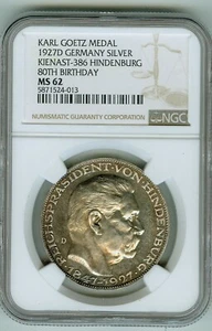 NGC MS 62 (Proof?) 1927D Karl Geotz Medal Kienast-386 Hindenburg Medal - Picture 1 of 2