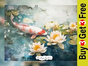 Koi Fish and Water Lilies 5"x7 Print on Matte Paper | Serene Watercolor Painting - Picture 1 of 7