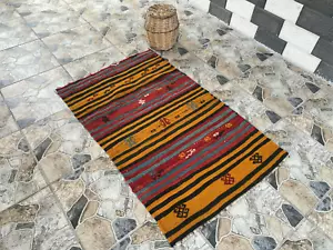 Vintage Turkish Kilim Rug | Handmade Tribal Wool Rug | Small 2x4 ft | Farmhouse - Picture 1 of 12