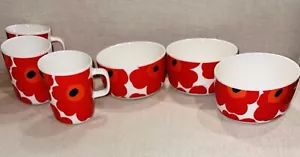 Lot Of 3 Marimekko "UNIKKO" Ceramic Mugs Red Poppy Flowers & Bowls Perf Cond! - Picture 1 of 5