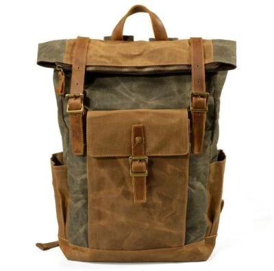 Waterproof Oil Wax Canvas+Leather Men's Backpack Satchel Sport Travel Bag Unisex - Image 1 of 4