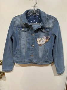 DKNY Girls Light Blue Jean Jacket Size XL Sequin Hearts Button Down Embroidery - Picture 1 of 8