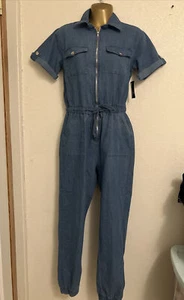 Sexy Denim Jumpsuit for Women Casual Short Sleeve Jean Pants Rompers w/ Zipper - Picture 1 of 4