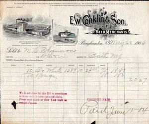 1904 E W CONKLIN & SON*SEED MERCHANTS*BINGHAMTON NEW YORK*BILLHEAD*NICE GRAPHICS - Picture 1 of 1