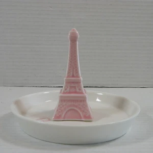 Eiffel Tower Bonjour Pink White Ceramic Jewelry Ring Holder - Picture 1 of 10