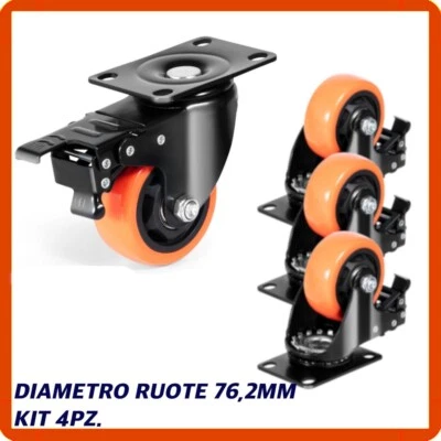 Ruote x per carrelli carrello piene girevoli mobili gommate set con freno ø 76mm - Immagine 1 di 4
