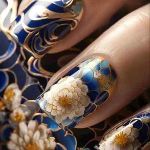 24pcs Mixed Color Glossy Finish Press-On Nails Set, Chinese Style Floral Design, - Picture 1 of 5