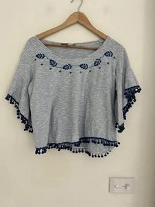 CAFE LATTE Women's Top Shirt Size Small Striped Blue White Tassel - Picture 1 of 10