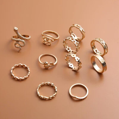11pcs Gold Boho Stack Plain Above Knuckle Ring Snake Midi Finger Tip Rings Set - Image 1 of 3