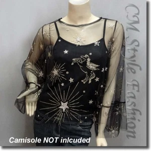 Fantasy Glittering Stars Flying House Sheer Blouse Top Black S - Picture 1 of 4
