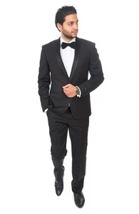 Slim Fit Men Shawl Lapel Tuxedo Black 1 Button Flat Front Pants Slim Style Suit - Picture 1 of 5