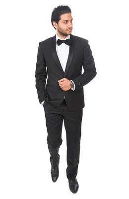 Slim Fit Men Shawl Lapel Tuxedo Black 1 Button Flat Front Pants Slim Style Suit - Image 1 of 4