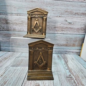 Antique Free & Accepted Masons Masonic F&AM Bookends Chandler Brass Foundry - Picture 1 of 8