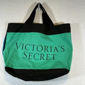 Victoria's Secret Green Blue Black Color Block Large Canvas Logo Bag Tote - Imagen 1 de 4