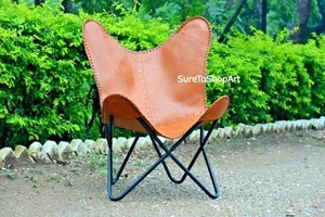 New Relaxing Brown Chair Butterfly Leather Relax Handmade Vintage With Stand - Picture 1 of 5